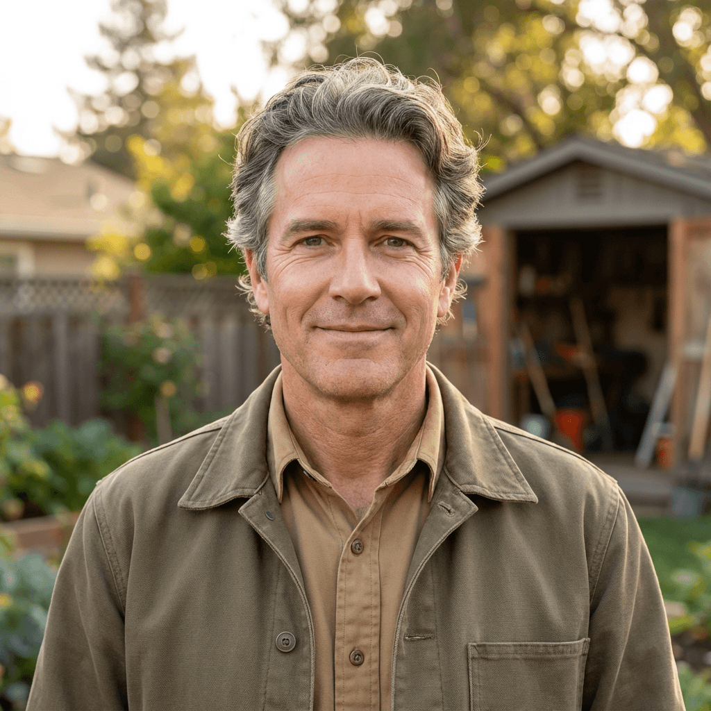 Male customer in his 50s, White, calm and practical appearance, standing outside near a pickup truck