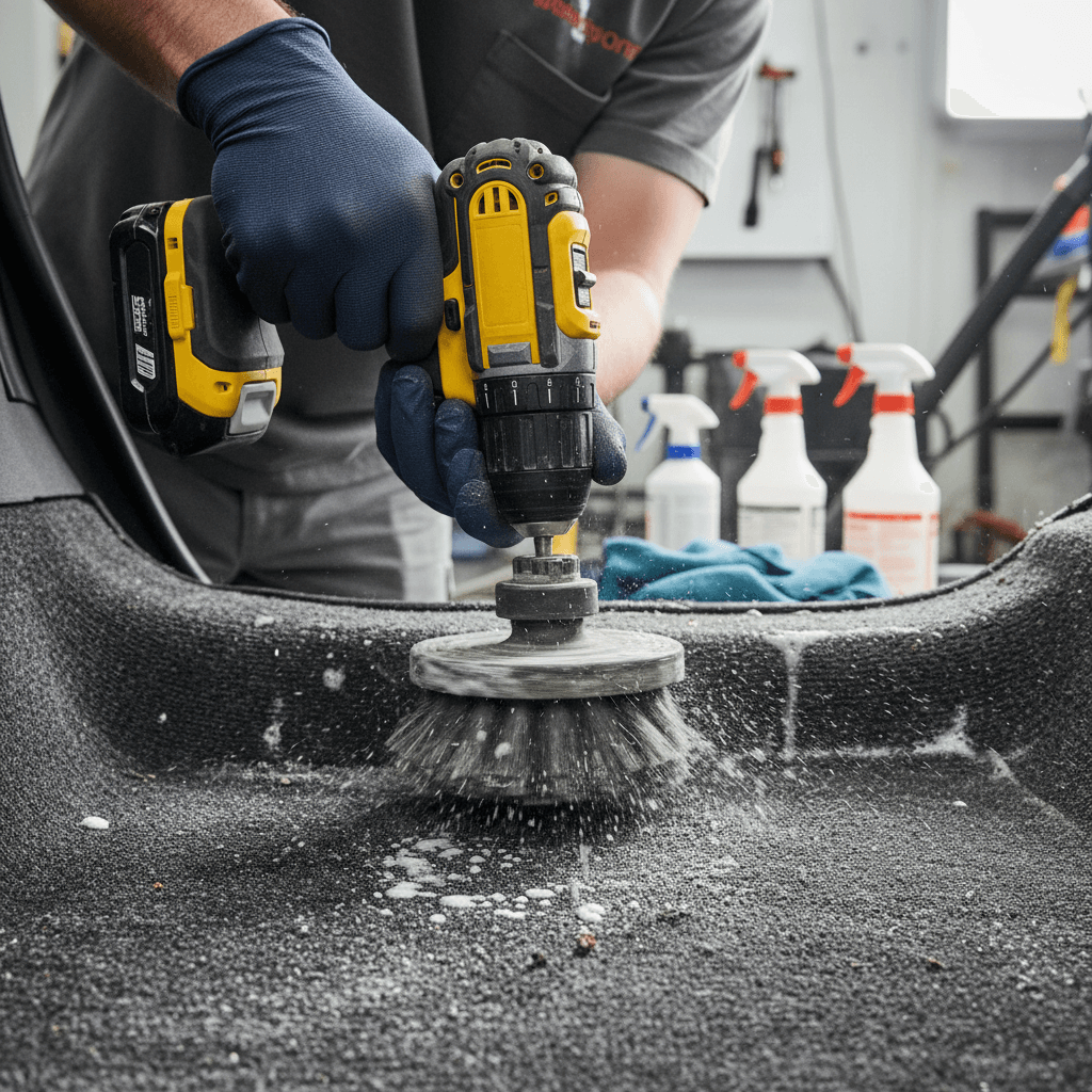 Detailer using a drill brush to agitate dirt from car carpet fibers