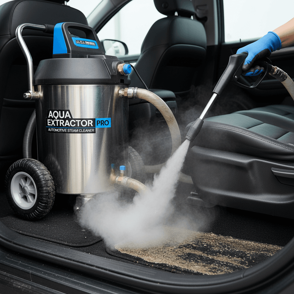 Professional cleaning machine spraying hot water onto car carpet