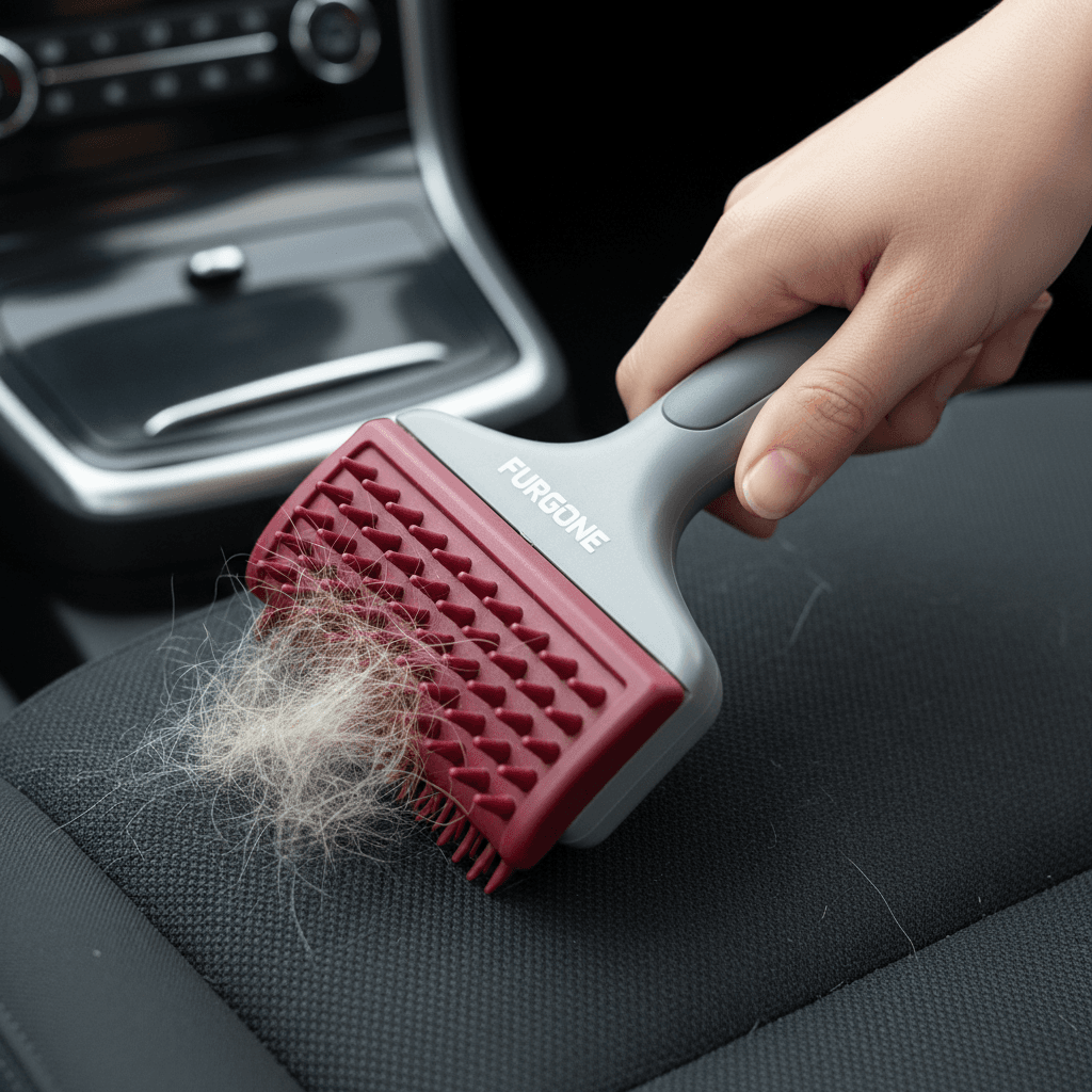 Brush removing pet hair from car seat fabric