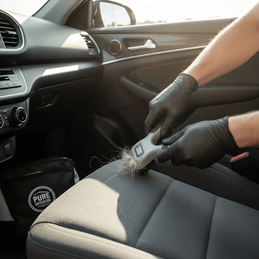 Detailer expertly removing pet hair from a car seat with specialized tool.
