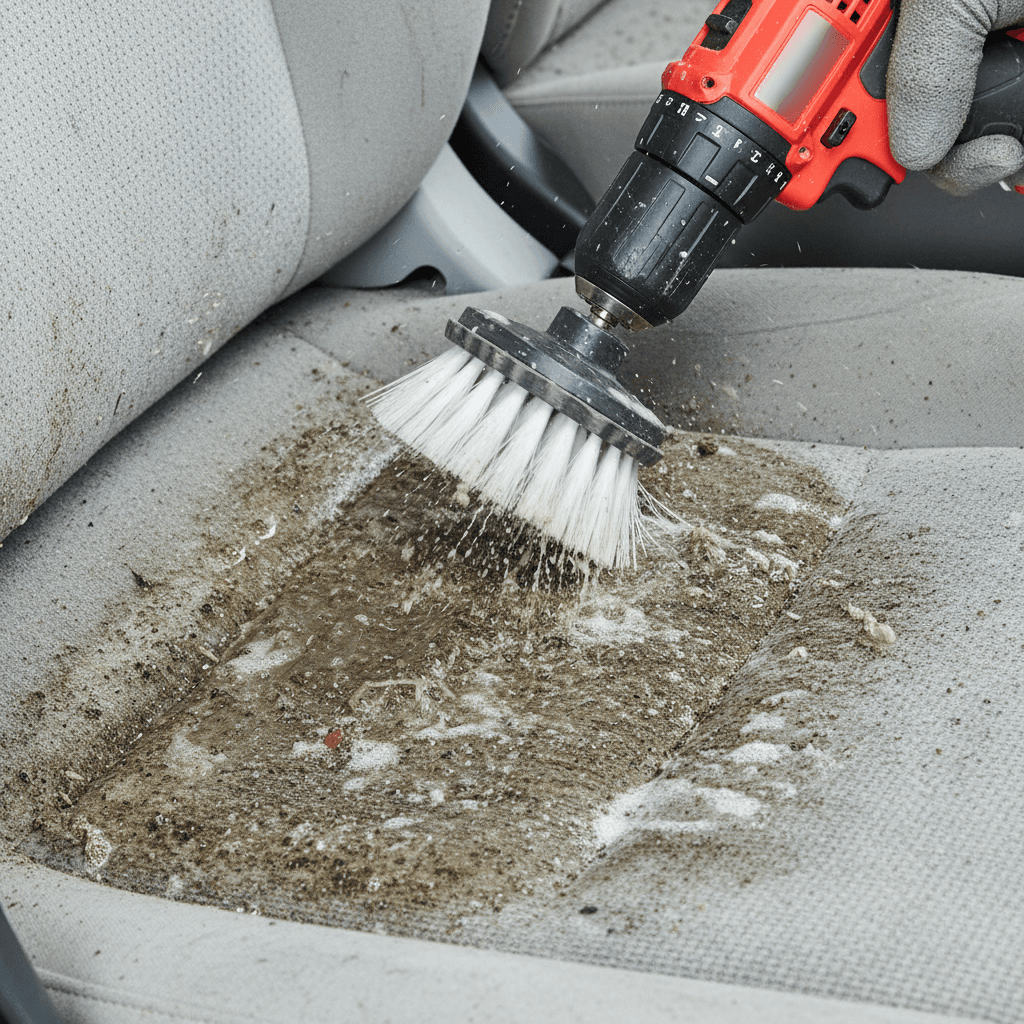 Drill brush attachment scrubbing car carpet fibers