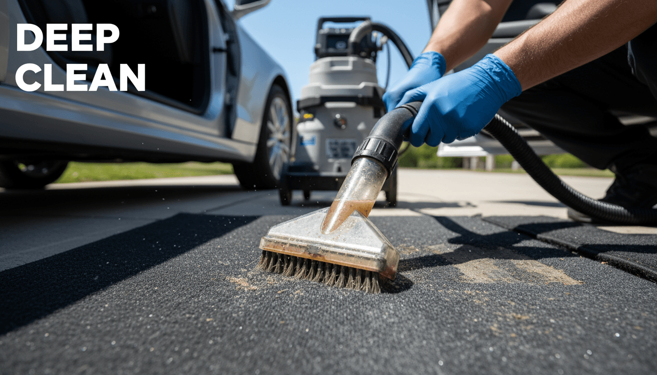 Detailer running a hot water extraction tool across a car's carpet in a driveway
