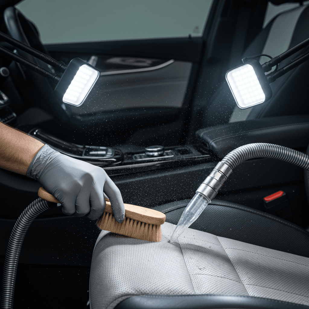 Close-up of a car seat being cleaned with a professional detailing tool