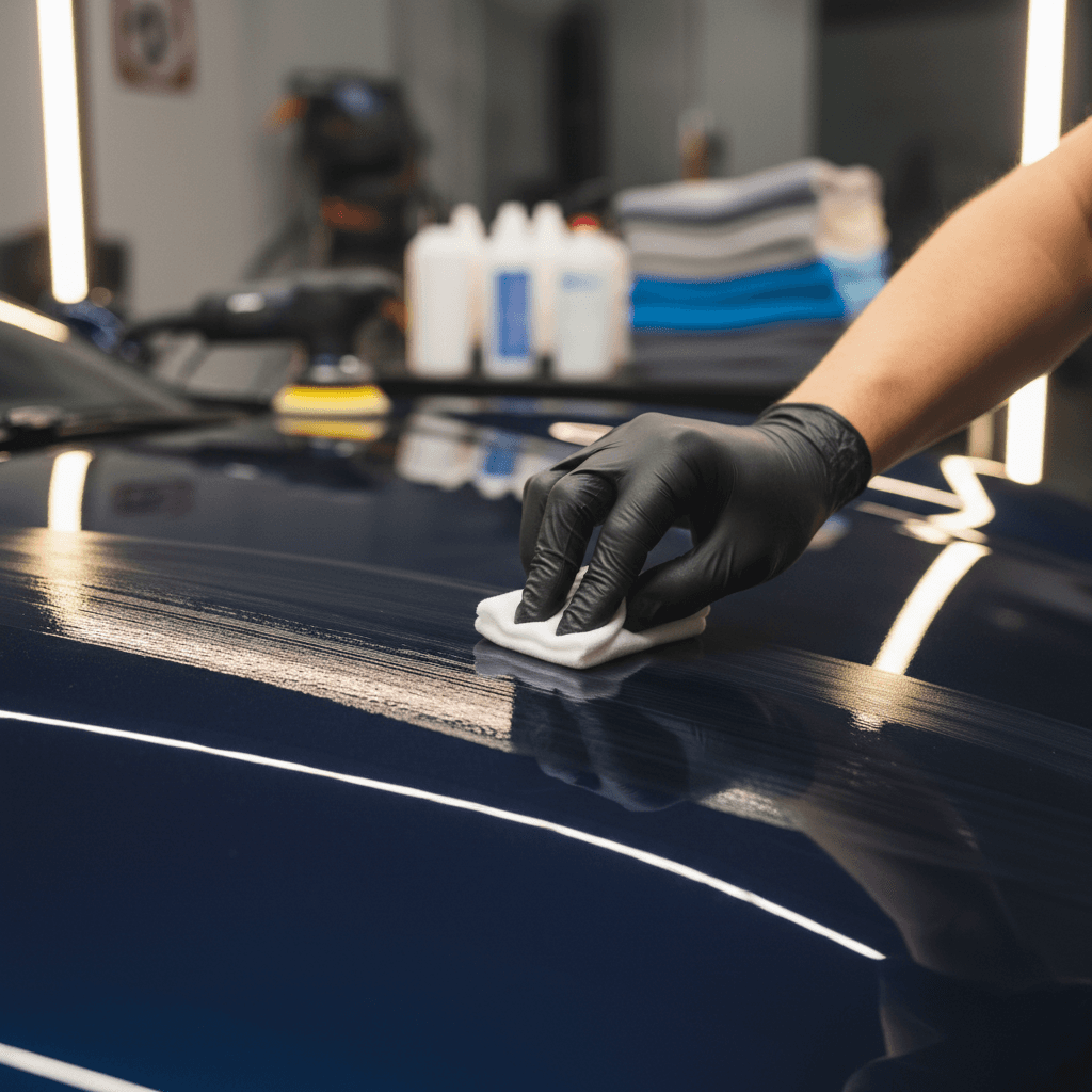 Professional detailer using a drill brush on car carpet in a garage