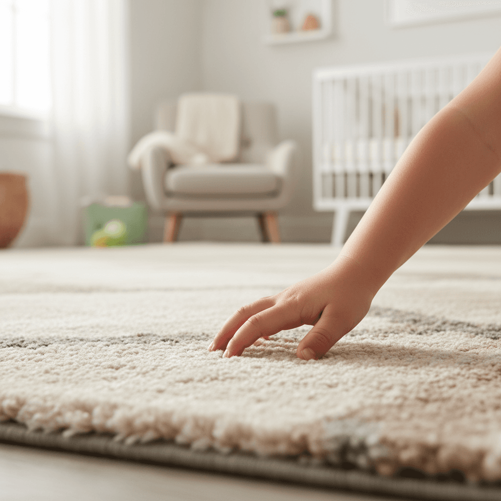 Young child's hand gently touching soft hypoallergenic carpet in bright nursery room with natural light