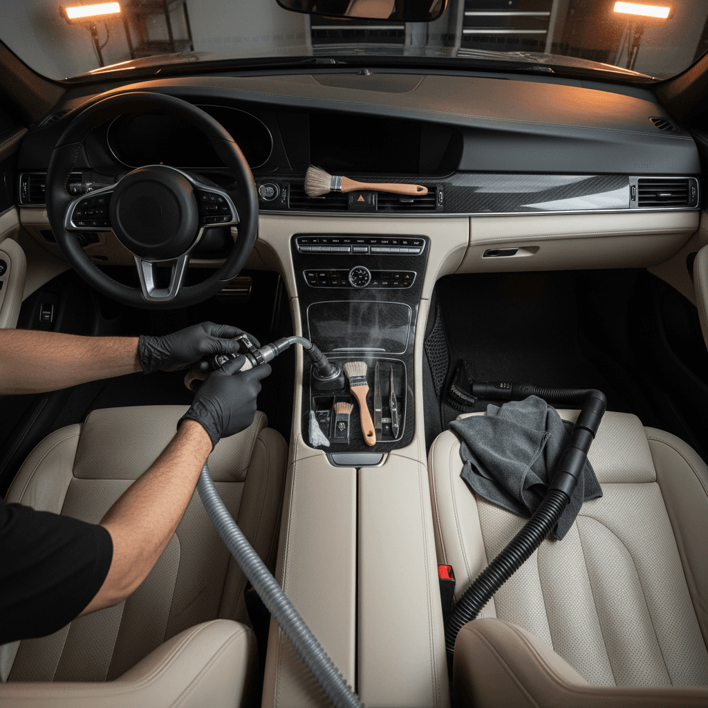 Car detailer deep cleaning vehicle interior with extraction machine