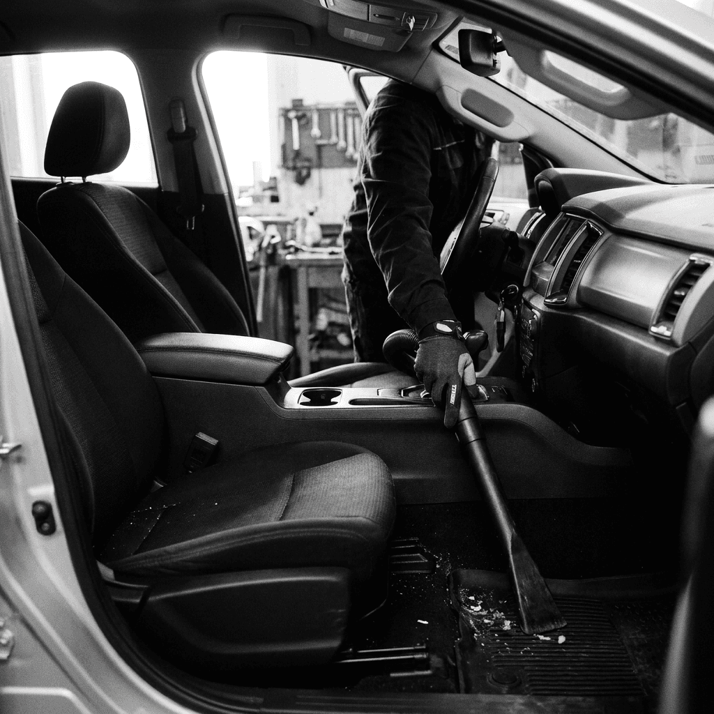 Detailer using a drill brush to deep clean car carpet with hot water extraction equipment nearby