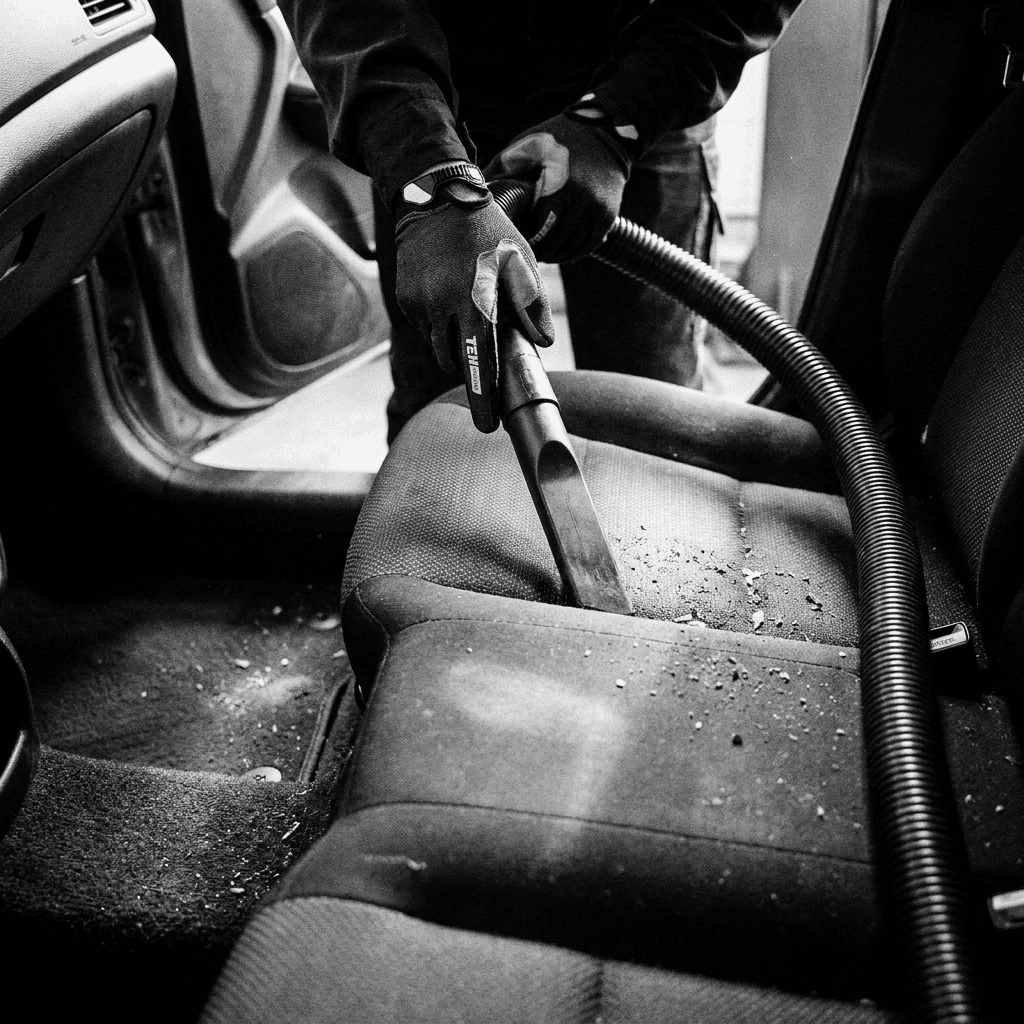 A person wearing gloves vacuums a dirty car seat with a vacuum cleaner hose, illustrating professional car interior cleaning.